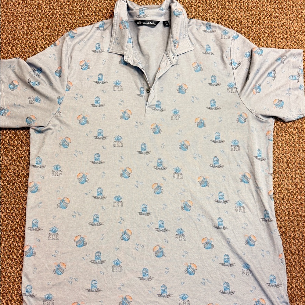 Travis Mathew Light Gray Polo with Blue and Orange Print Beach Creature Line XXL